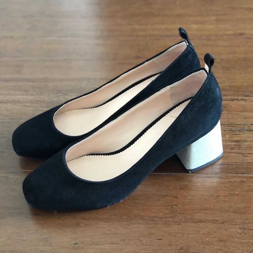 J CREW black suede pumps with glitter heels